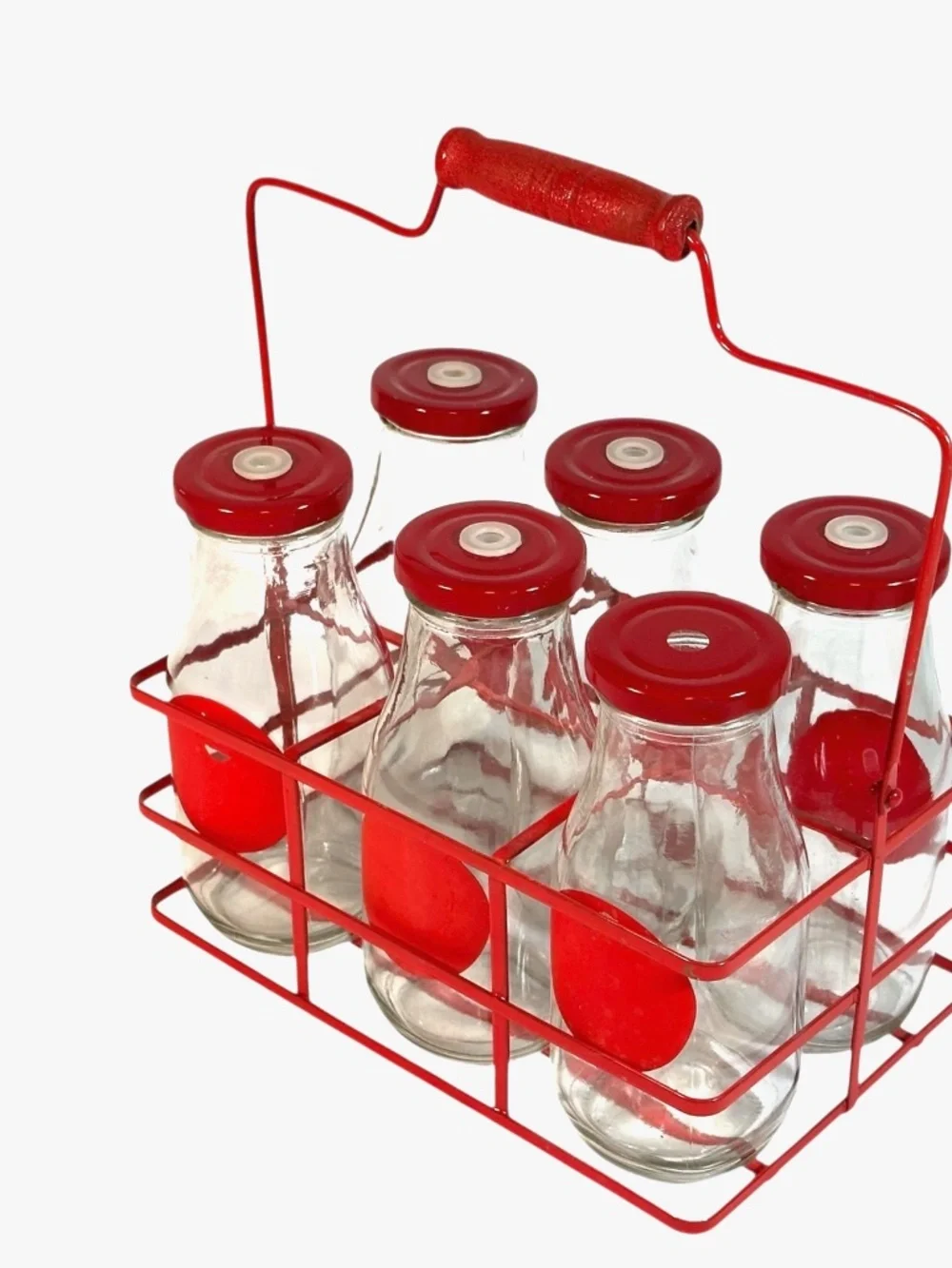 Set 6 Glass Bottles in Red Metal Carrier w/ Holes for Straws, Farmhouse Chic